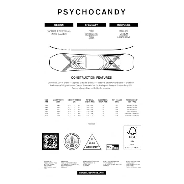 スノーボード ボード RIDE PSYCHOCANDY 日本正規品 送料無料 24-25