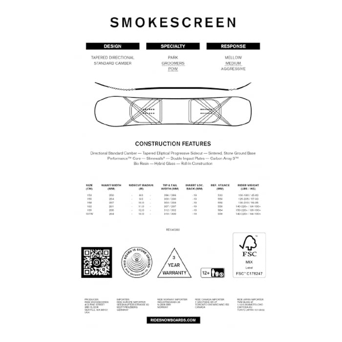 スノーボード ボード RIDE SMOKESCREEN 日本正規品 送料無料 24-25