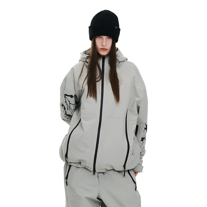 スノーボード ウェア ビーエスラビット BSRABBIT DUAL ZIP SEAM SEALING HOODED JACKET INK SPLATTER GRAY 25-26 送料無料 日本正規品