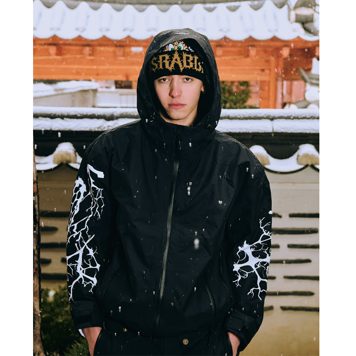 スノーボード ウェア ビーエスラビット BSRABBIT DUAL ZIP SEAM SEALING HOODED JACKET INK SPLATTER BLACK 25-26 送料無料 日本正規品