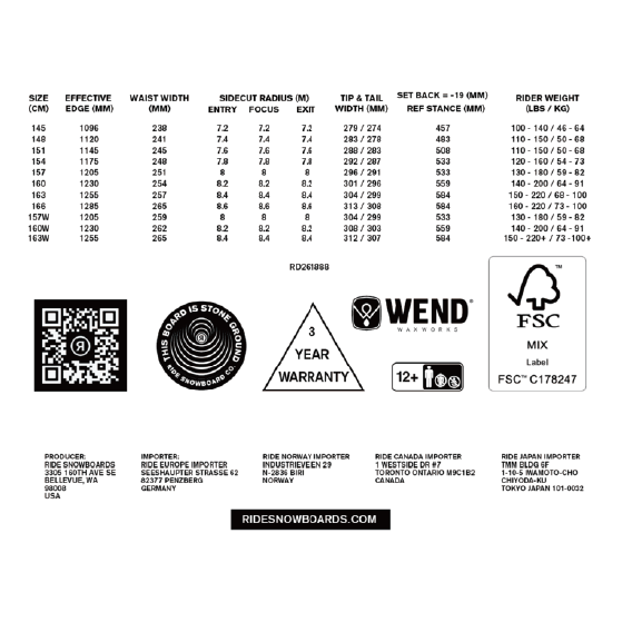 RIDE スノーボード ライド CURRENT 26-27 板 日本正規品