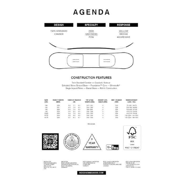 スノーボード ボード RIDE AGENDA 日本正規品 送料無料 24-25