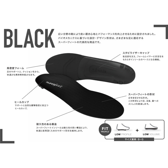 スーパーフィート インソール SUPERFEET BLACK ブラック スポーツ ウォーキング スニーカー 作業靴 安全靴 ブーツ ランニング ゴルフ サイクル 中敷 日本正規品