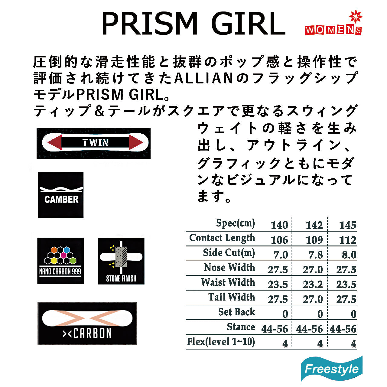 日本正規品 スノーボード 板 アライアン 23-24 ALLIAN PRISM GIRL Camber WOMEN'S プリズム ガール キャンバー ウィメンズ 女性 SNOWBOARD