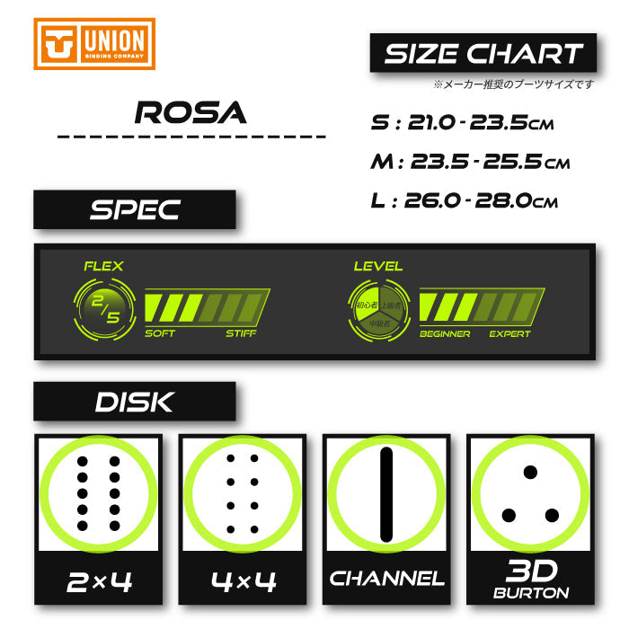 日本正規品 スノーボード ビンディング ユニオン ローザ 23-24 UNION ROSA Yellow WOMEN'S ウィメンズ 女性 バインディング 金具 スノボー 2024