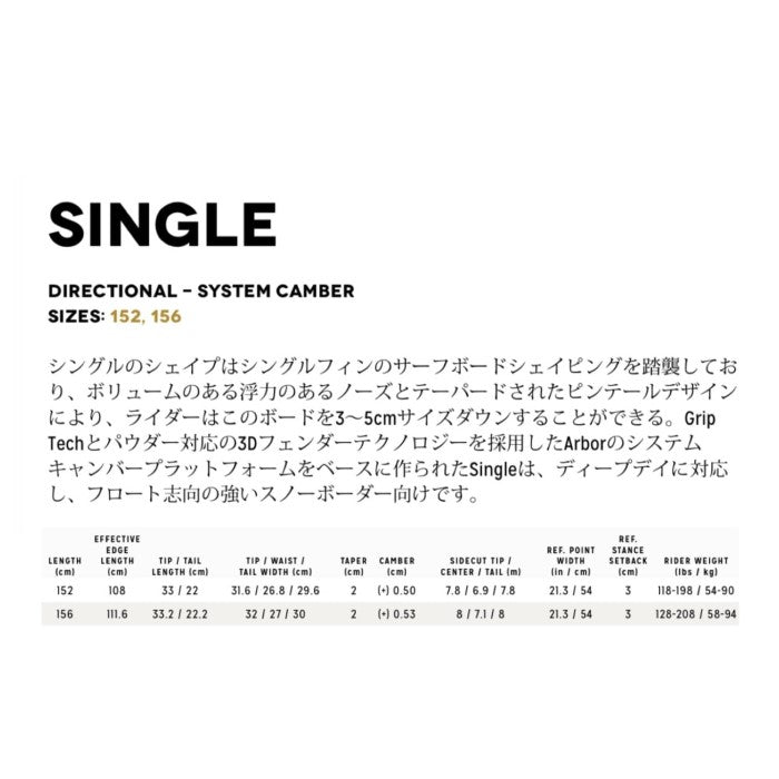 予約受付中 24-25 ARBOR SINGLE アーバー シングル キャンバー パウダー バックカントリー カービング パーク フリーラン グラトリ 板 ボード スノーボード