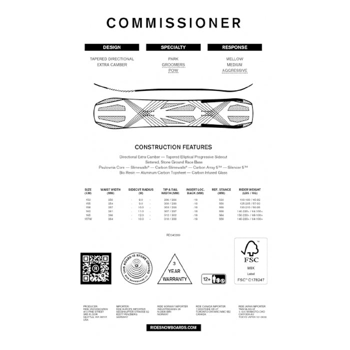 RIDE SNOWBOARDS 24-25 COMMISSIONER 早期予約 ライド コミュッショナー オールマウンテン ハイブリッドキャンバー カービング 地形 パウダー バックカントリー パーク スノーボード メンズボード