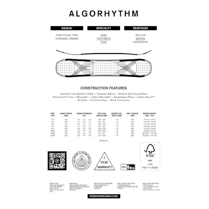 RIDE SNOWBOARDS 24-25 ALGORHYTHM 早期予約 ライド アルゴリウム オールマウンテン フリースタイル ハイブリッドキャンバー カービング 地形 パウダー バックカントリー パーク スノーボード メンズ