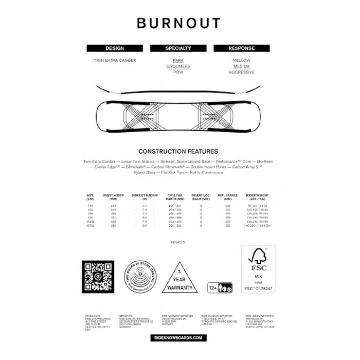 RIDE SNOWBOARDS 24-25 BURNOUT 早期予約 ライド バーンアウト オールマウンテン フリースタイル ハイブリッドキャンバー カービング 地形 パウダー バックカントリー パーク スノーボード メンズ