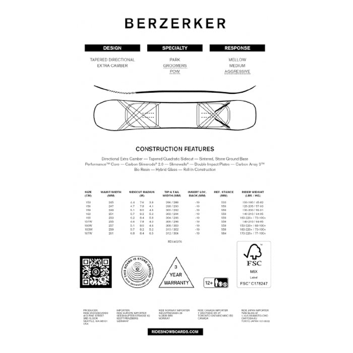 RIDE SNOWBOARDS 24-25 BERZERKER 早期予約 ライド バーザーカー オールマウンテン ハイブリッドキャンバー カービング 地形 パウダー バックカントリー パーク スノーボード メンズ