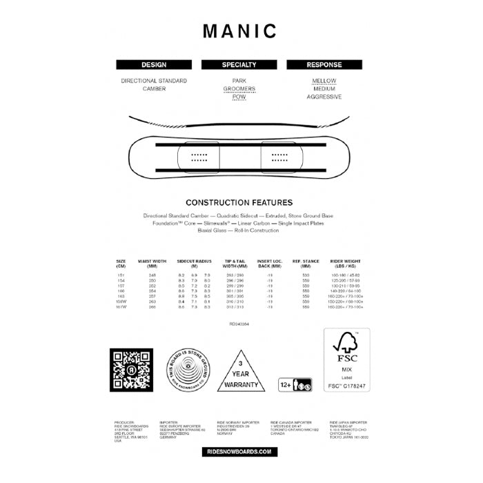 RIDE SNOWBOARDS 24-25 MANIC 早期予約 ライド マニック オールマウンテン ハイブリッドキャンバー カービング 地形 パウダー バックカントリー パーク スノーボード メンズ