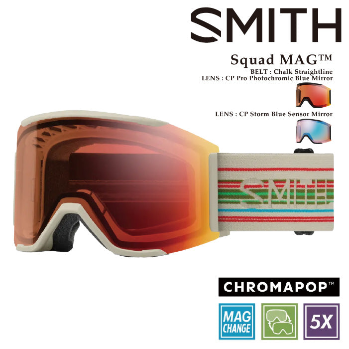 スノーボード ゴーグル スミス SMITH SQUAD MAG Chalk Straightline/CP Pro Photochromic Red Mirror 調光 スカッド マグ メンズ レディース 24-25 日本正規品