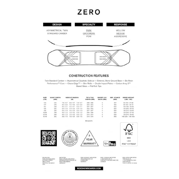 スノーボード ボード  RIDE   ZERO  日本正規品 送料無料 24-25