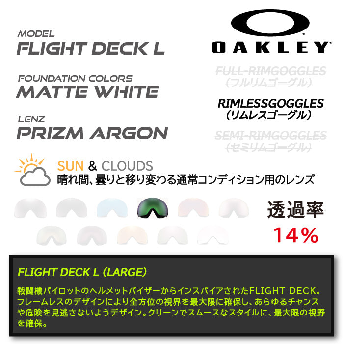 日本正規品 スノーボード ゴーグル オークリー 23-24 OAKLEY FLIGHT DECK L Matte White/Prizm Argon OO7050-D2 フライトデッキ スキー
