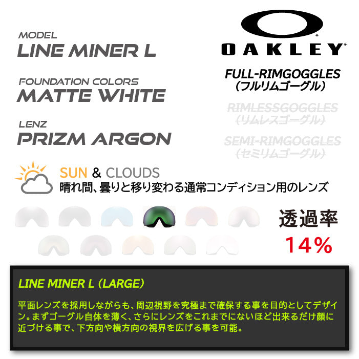 日本正規品 スノーボード ゴーグル オークリー 23-24 OAKLEY LINE MINER L Matte White/Prizm Argon OO7070-E6 ラインマイナー スキー